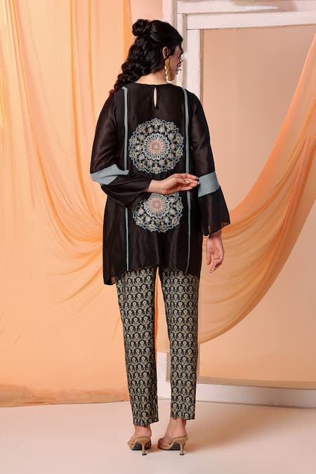Shop Soup By Sougat Paul Black Chanderi, Muslin Embroidery, Eraya Applique Asymmetric Tunic And Pant Set at Aza Fashions Shop_Soup By Sougat Paul_Black Chanderi, Muslin Embroidery, Eraya Applique Asymmetric Tunic And Pant Set _at_Aza_Fashions