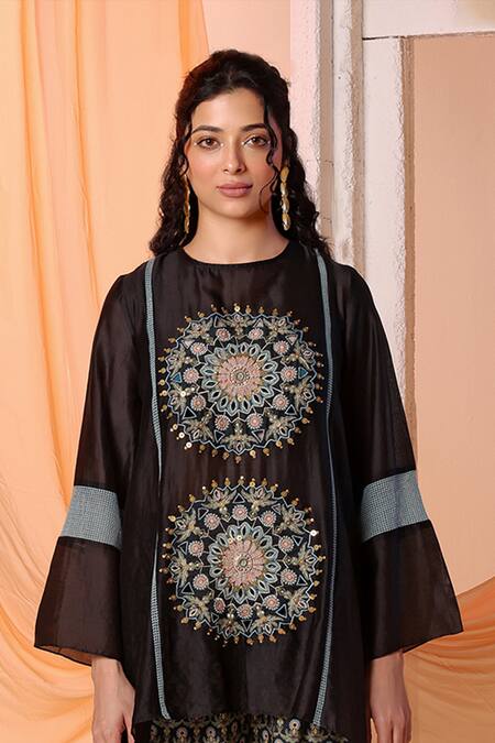 Shop Soup By Sougat Paul Black Chanderi, Muslin Embroidery, Eraya Applique Asymmetric Tunic And Pant Set Online at Aza Fashions Shop_Soup By Sougat Paul_Black Chanderi, Muslin Embroidery, Eraya Applique Asymmetric Tunic And Pant Set _Online_at_Aza_Fashions