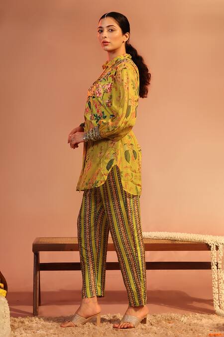 Soup By Sougat Paul Yellow Silk, Organza Embroidery, Sequins, Tamaya Floral Jacket With Pant Set Online at Aza Fashions Soup By Sougat Paul_Yellow Silk, Organza Embroidery, Sequins, Tamaya Floral Jacket With Pant Set _Online_at_Aza_Fashions