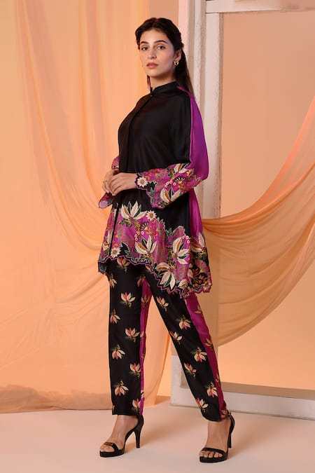 Soup By Sougat Paul Black Silk Embroidery Collared Aarani Floral Color Block Kurta With Pant Online at Aza Fashions Soup By Sougat Paul_Black Silk Embroidery Collared Aarani Floral Color Block Kurta With Pant _Online_at_Aza_Fashions