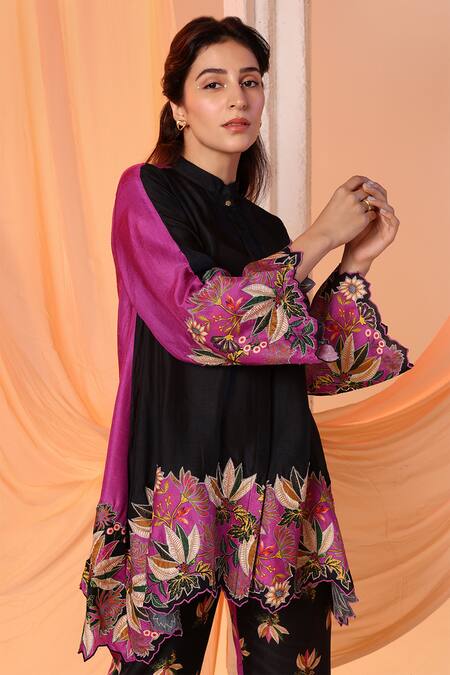Buy Soup By Sougat Paul Black Silk Embroidery Collared Aarani Floral Color Block Kurta With Pant Online at Aza Fashions Buy_Soup By Sougat Paul_Black Silk Embroidery Collared Aarani Floral Color Block Kurta With Pant _Online_at_Aza_Fashions