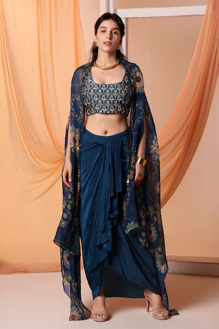 Soup by Sougat Paul Blue Cape Organza Embroidery Eraya Floral Print Asymmetric And Draped Skirt Set 