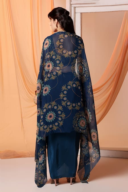 Shop Soup By Sougat Paul Blue Chanderi, Organza Eraya Floral Print Asymmetric Cape And Draped Skirt Set at Aza Fashions Shop_Soup By Sougat Paul_Blue Chanderi, Organza Eraya Floral Print Asymmetric Cape And Draped Skirt Set _at_Aza_Fashions