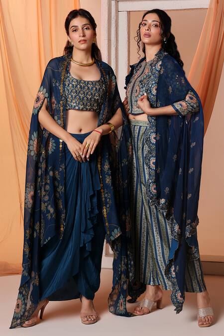 Soup By Sougat Paul Blue Chanderi, Organza Eraya Floral Print Asymmetric Cape And Draped Skirt Set Online at Aza Fashions Soup By Sougat Paul_Blue Chanderi, Organza Eraya Floral Print Asymmetric Cape And Draped Skirt Set _Online_at_Aza_Fashions