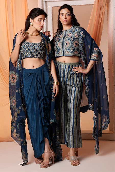 Buy Soup By Sougat Paul Blue Chanderi, Organza Eraya Floral Print Asymmetric Cape And Draped Skirt Set Online at Aza Fashions Buy_Soup By Sougat Paul_Blue Chanderi, Organza Eraya Floral Print Asymmetric Cape And Draped Skirt Set _Online_at_Aza_Fashions