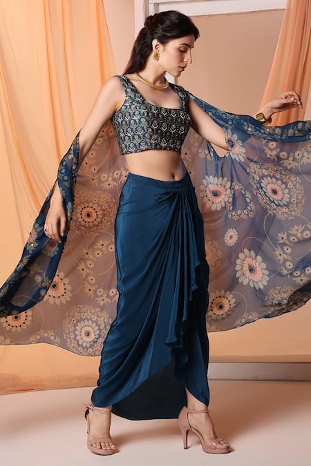 Soup By Sougat Paul Blue Chanderi, Organza Eraya Floral Print Asymmetric Cape And Draped Skirt Set at Aza Fashions Soup By Sougat Paul_Blue Chanderi, Organza Eraya Floral Print Asymmetric Cape And Draped Skirt Set _at_Aza_Fashions