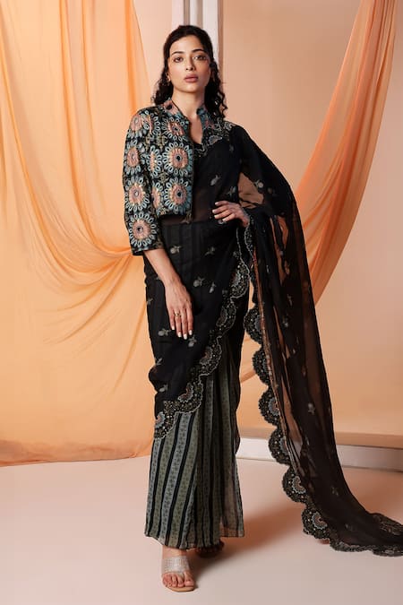 Soup by Sougat Paul Black Pre-draped Saree Organza Embroidery Floral Jacket Band Eraya And Set 