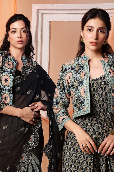 Buy_Soup By Sougat Paul_Black Organza, Chanderi Embroidery, Eraya Floral Pre-draped Saree And Jacket Set _Online_at_Aza_Fashions