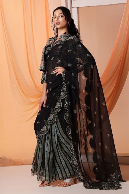 Shop_Soup By Sougat Paul_Black Organza, Chanderi Embroidery, Eraya Floral Pre-draped Saree And Jacket Set _Online_at_Aza_Fashions