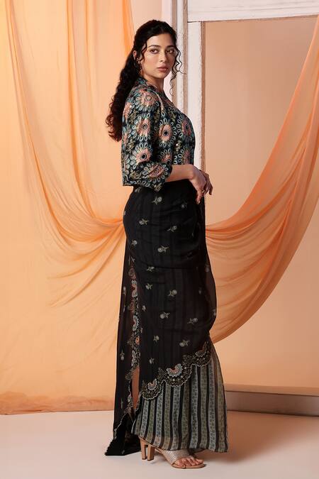 Soup By Sougat Paul_Black Organza, Chanderi Embroidery, Eraya Floral Pre-draped Saree And Jacket Set _at_Aza_Fashions