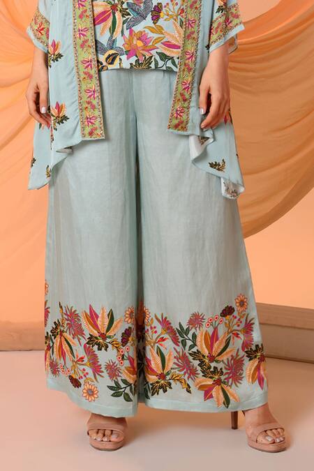 Soup By Sougat Paul_Blue Satin, Organza Embroidery Aarani Floral Print Asymmetric Cape And Palazzo Set _Online_at_Aza_Fashions