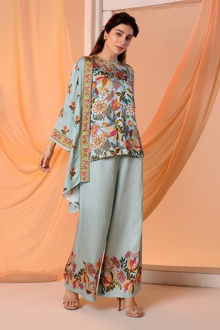Buy_Soup By Sougat Paul_Blue Satin, Organza Embroidery Aarani Floral Print Asymmetric Cape And Palazzo Set _Online_at_Aza_Fashions