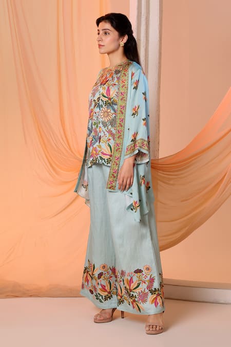 Shop_Soup By Sougat Paul_Blue Satin, Organza Embroidery Aarani Floral Print Asymmetric Cape And Palazzo Set _Online_at_Aza_Fashions