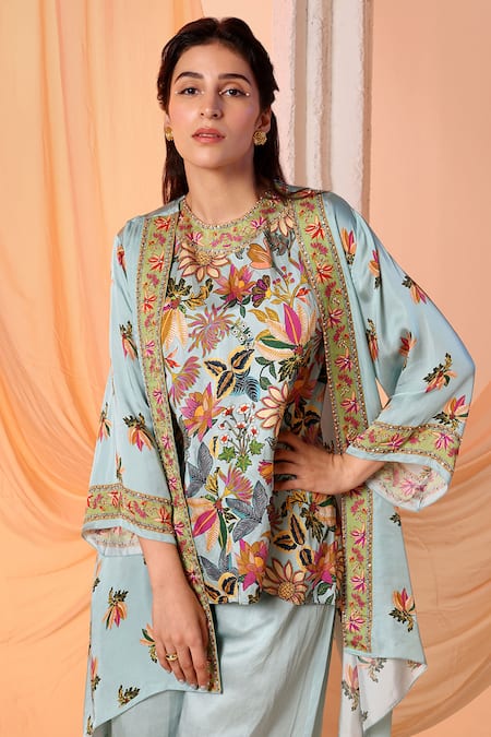 Soup By Sougat Paul_Blue Satin, Organza Embroidery Aarani Floral Print Asymmetric Cape And Palazzo Set _at_Aza_Fashions