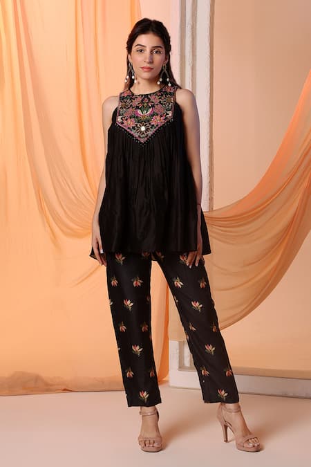 Soup by Sougat Paul Aarani Floral Embroidered Flared Top With Pant 