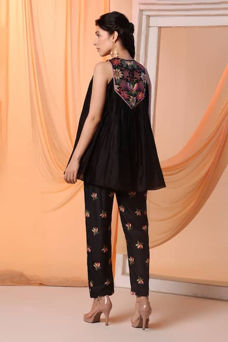 Shop Soup By Sougat Paul Black Chanderi, Silk Beads, Sequins, Aarani Floral Flared Top With Pant at Aza Fashions Shop_Soup By Sougat Paul_Black Chanderi, Silk Beads, Sequins, Aarani Floral Flared Top With Pant _at_Aza_Fashions