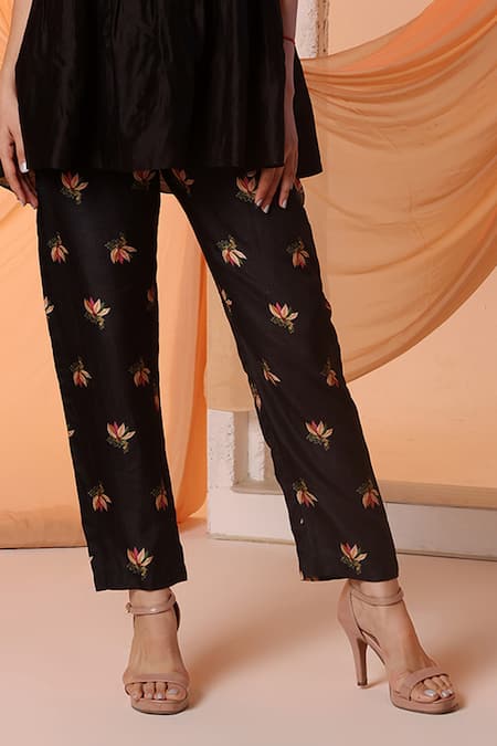 Soup By Sougat Paul Black Chanderi, Silk Beads, Sequins, Aarani Floral Flared Top With Pant Online at Aza Fashions Soup By Sougat Paul_Black Chanderi, Silk Beads, Sequins, Aarani Floral Flared Top With Pant _Online_at_Aza_Fashions