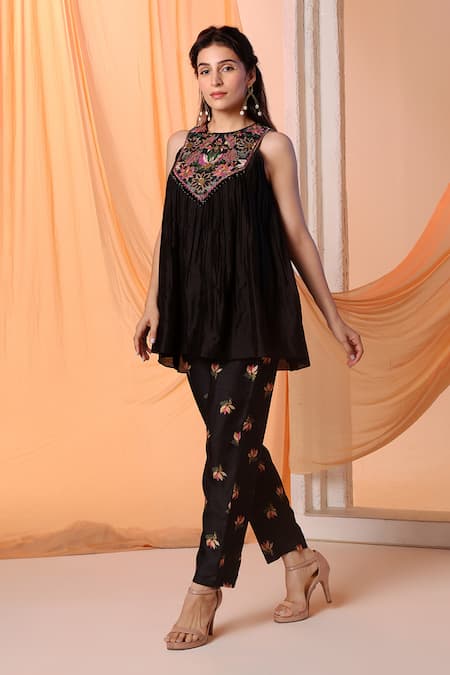 Buy Soup By Sougat Paul Black Chanderi, Silk Beads, Sequins, Aarani Floral Flared Top With Pant Online at Aza Fashions Buy_Soup By Sougat Paul_Black Chanderi, Silk Beads, Sequins, Aarani Floral Flared Top With Pant _Online_at_Aza_Fashions