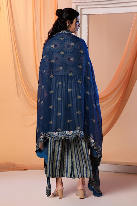 Shop Soup By Sougat Paul Blue Linen, Silk Embroidery Eraya Floral Print Asymmetric Cape And Pant Set at Aza Fashions Shop_Soup By Sougat Paul_Blue Linen, Silk Embroidery Eraya Floral Print Asymmetric Cape And Pant Set _at_Aza_Fashions