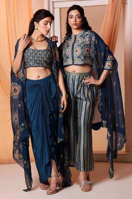 Buy Soup By Sougat Paul Blue Linen, Silk Embroidery Eraya Floral Print Asymmetric Cape And Pant Set Online at Aza Fashions Buy_Soup By Sougat Paul_Blue Linen, Silk Embroidery Eraya Floral Print Asymmetric Cape And Pant Set _Online_at_Aza_Fashions