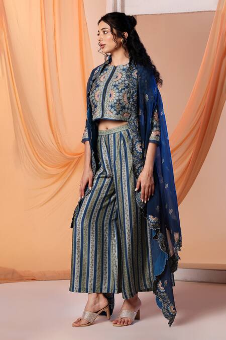 Shop Soup By Sougat Paul Blue Linen, Silk Embroidery Eraya Floral Print Asymmetric Cape And Pant Set Online at Aza Fashions Shop_Soup By Sougat Paul_Blue Linen, Silk Embroidery Eraya Floral Print Asymmetric Cape And Pant Set _Online_at_Aza_Fashions