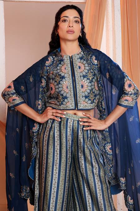 Soup By Sougat Paul Blue Linen, Silk Embroidery Eraya Floral Print Asymmetric Cape And Pant Set at Aza Fashions Soup By Sougat Paul_Blue Linen, Silk Embroidery Eraya Floral Print Asymmetric Cape And Pant Set _at_Aza_Fashions