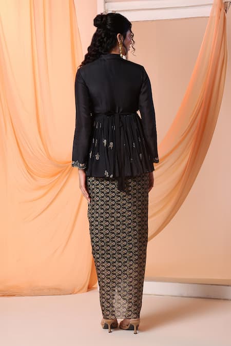 Shop_Soup By Sougat Paul_Black Silk Sequins, Eraya Floral Embroidered Peplum Top And Draped Skirt Set _at_Aza_Fashions