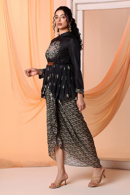 Soup By Sougat Paul_Black Silk Sequins, Eraya Floral Embroidered Peplum Top And Draped Skirt Set _Online_at_Aza_Fashions