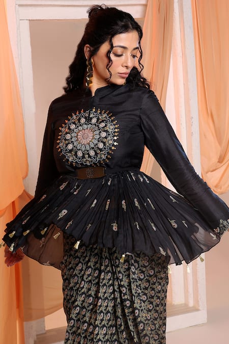 Buy_Soup By Sougat Paul_Black Silk Sequins, Eraya Floral Embroidered Peplum Top And Draped Skirt Set _Online_at_Aza_Fashions