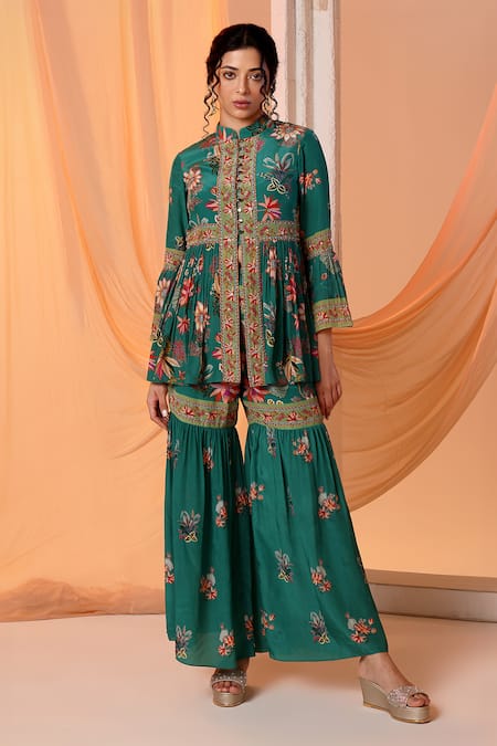 Soup by Sougat Paul Aarani Floral Embroidered Peplum Kurta With Sharara 