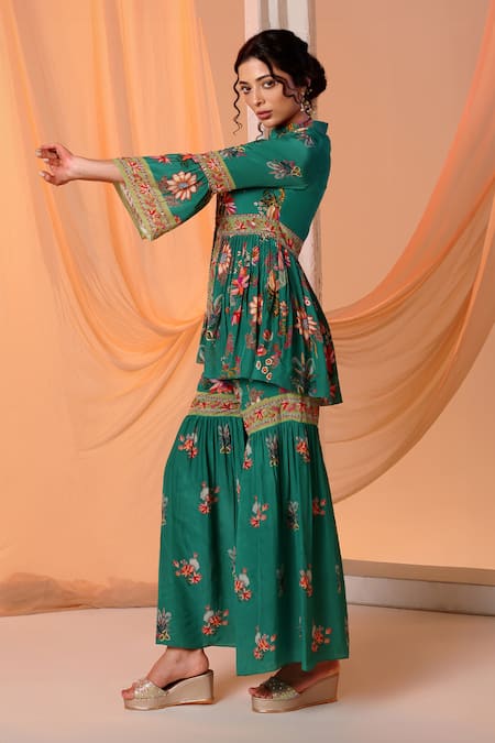 Soup By Sougat Paul Green Crepe Sequins, Beads Aarani Floral Embroidered Peplum Kurta With Sharara Online at Aza Fashions Soup By Sougat Paul_Green Crepe Sequins, Beads Aarani Floral Embroidered Peplum Kurta With Sharara _Online_at_Aza_Fashions