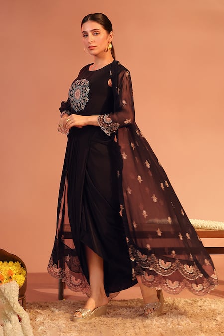 Soup By Sougat Paul_Black Organza, Crepe Embroidery Round Neck Eraya Floral Cape With Draped Dress _Online_at_Aza_Fashions