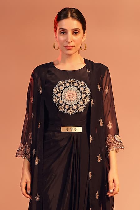 Buy_Soup By Sougat Paul_Black Organza, Crepe Embroidery Round Neck Eraya Floral Cape With Draped Dress _Online_at_Aza_Fashions