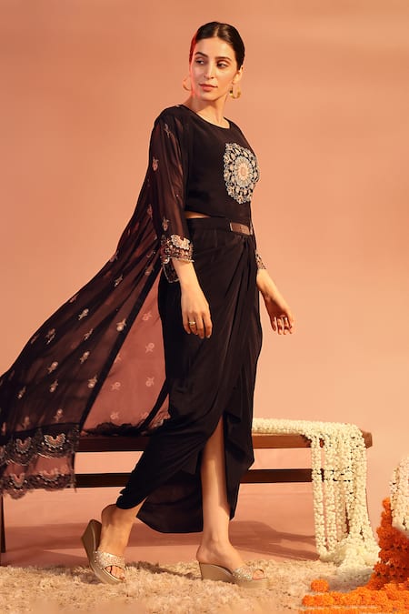 Shop_Soup By Sougat Paul_Black Organza, Crepe Embroidery Round Neck Eraya Floral Cape With Draped Dress _Online_at_Aza_Fashions