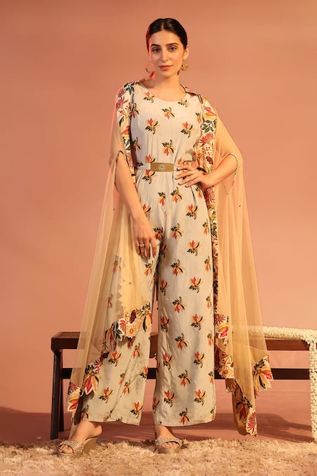 Soup by Sougat Paul Blue Crepe Embroidery Floral Jumpsuit Round Aarani Cape And Set 