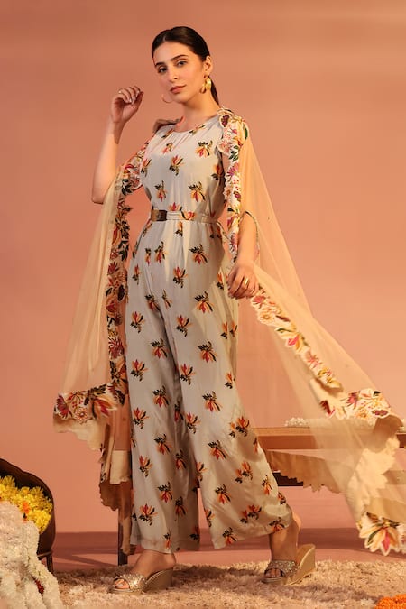 Soup By Sougat Paul Blue Net, Crepe Embroidery Round Neck Aarani Floral Cape And Jumpsuit Set Online at Aza Fashions Soup By Sougat Paul_Blue Net, Crepe Embroidery Round Neck Aarani Floral Cape And Jumpsuit Set _Online_at_Aza_Fashions