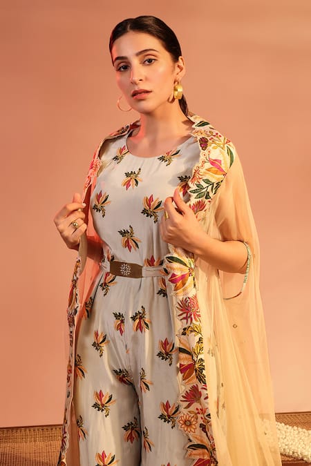 Buy Soup By Sougat Paul Blue Net, Crepe Embroidery Round Neck Aarani Floral Cape And Jumpsuit Set Online at Aza Fashions Buy_Soup By Sougat Paul_Blue Net, Crepe Embroidery Round Neck Aarani Floral Cape And Jumpsuit Set _Online_at_Aza_Fashions
