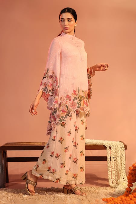 Soup by Sougat Paul Pink Georgette Embroidery Sequin Tunic Band Aarani Asymmetric And Pant Set 