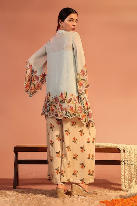 Shop Soup By Sougat Paul Blue Georgette Embroidery, Sequins Aarani Floral Asymmetric Tunic And Pant Set at Aza Fashions Shop_Soup By Sougat Paul_Blue Georgette Embroidery, Sequins Aarani Floral Asymmetric Tunic And Pant Set _at_Aza_Fashions
