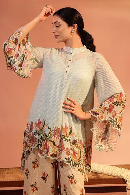 Soup By Sougat Paul Blue Georgette Embroidery, Sequins Aarani Floral Asymmetric Tunic And Pant Set Online at Aza Fashions Soup By Sougat Paul_Blue Georgette Embroidery, Sequins Aarani Floral Asymmetric Tunic And Pant Set _Online_at_Aza_Fashions