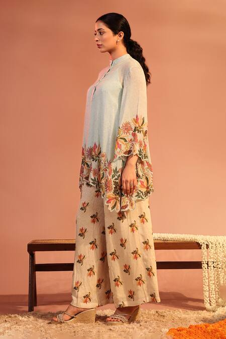 Shop Soup By Sougat Paul Blue Georgette Embroidery, Sequins Aarani Floral Asymmetric Tunic And Pant Set Online at Aza Fashions Shop_Soup By Sougat Paul_Blue Georgette Embroidery, Sequins Aarani Floral Asymmetric Tunic And Pant Set _Online_at_Aza_Fashions