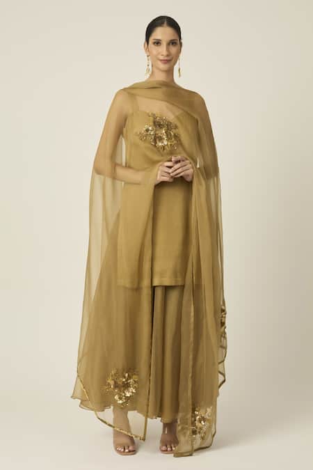 Peeli Dori_Gold Silk Satin Embroidered Sequin Sweetheart Paro Plain Kurta Sharara Set _Online_at_Aza_Fashions
