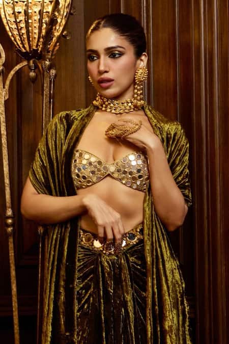 Buy_Itrh_Green Chanderi, Velvet Mirrors Sweetheart Neck Noor Draped Skirt Set _Online_at_Aza_Fashions