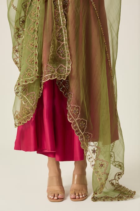 Peeli Dori_Pink Anarkali Chanderi Silk Embroidered Sequin Mehafil Neckline With Dupatta _Online_at_Aza_Fashions