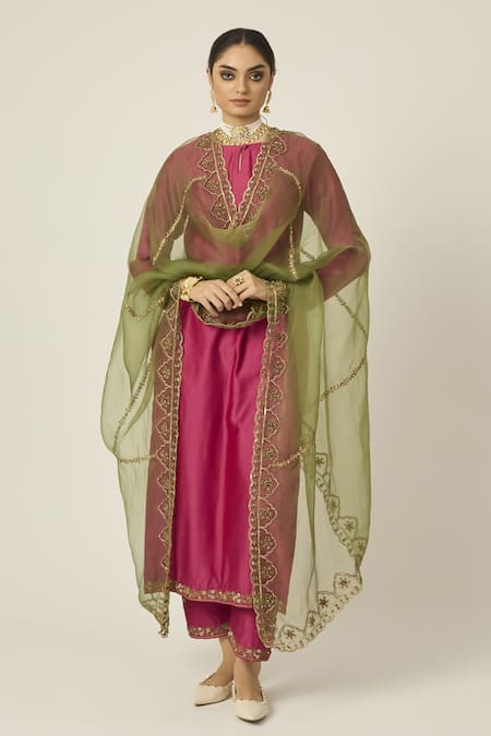 Peeli Dori_Pink Chanderi Silk, Organza Pearls, Sequins, Mehafil And Kurta Pant Set _Online_at_Aza_Fashions
