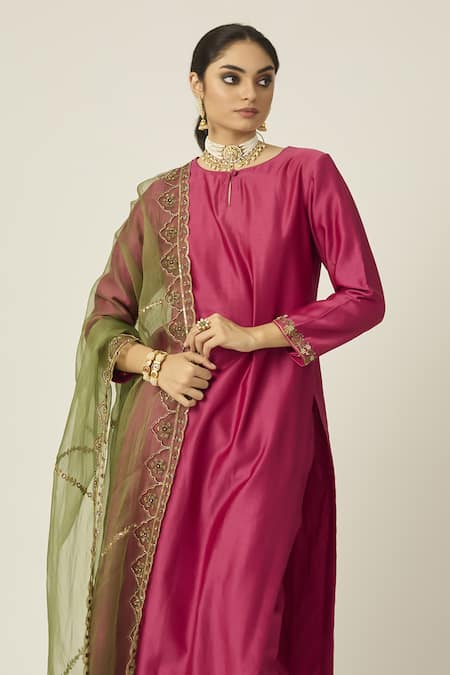 Buy_Peeli Dori_Pink Chanderi Silk, Organza Pearls, Sequins, Mehafil And Kurta Pant Set _Online_at_Aza_Fashions