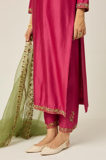 Shop_Peeli Dori_Pink Chanderi Silk, Organza Pearls, Sequins, Mehafil And Kurta Pant Set _Online_at_Aza_Fashions