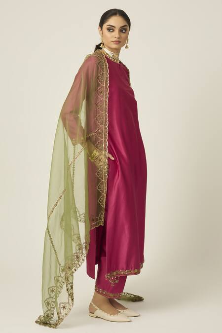 Peeli Dori_Pink Chanderi Silk, Organza Pearls, Sequins, Mehafil And Kurta Pant Set _at_Aza_Fashions