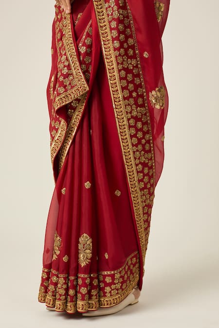 Buy Peeli Dori Red Silk Organza Sequins, Zari V-neck Myra Embroidered Saree With Blouse Online at Aza Fashions Buy_Peeli Dori_Red Silk Organza Sequins, Zari V-neck Myra Embroidered Saree With Blouse _Online_at_Aza_Fashions