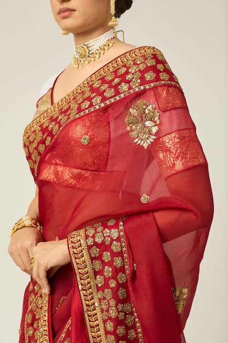 Shop Peeli Dori Red Silk Organza Sequins, Zari V-neck Myra Embroidered Saree With Blouse Online at Aza Fashions Shop_Peeli Dori_Red Silk Organza Sequins, Zari V-neck Myra Embroidered Saree With Blouse _Online_at_Aza_Fashions
